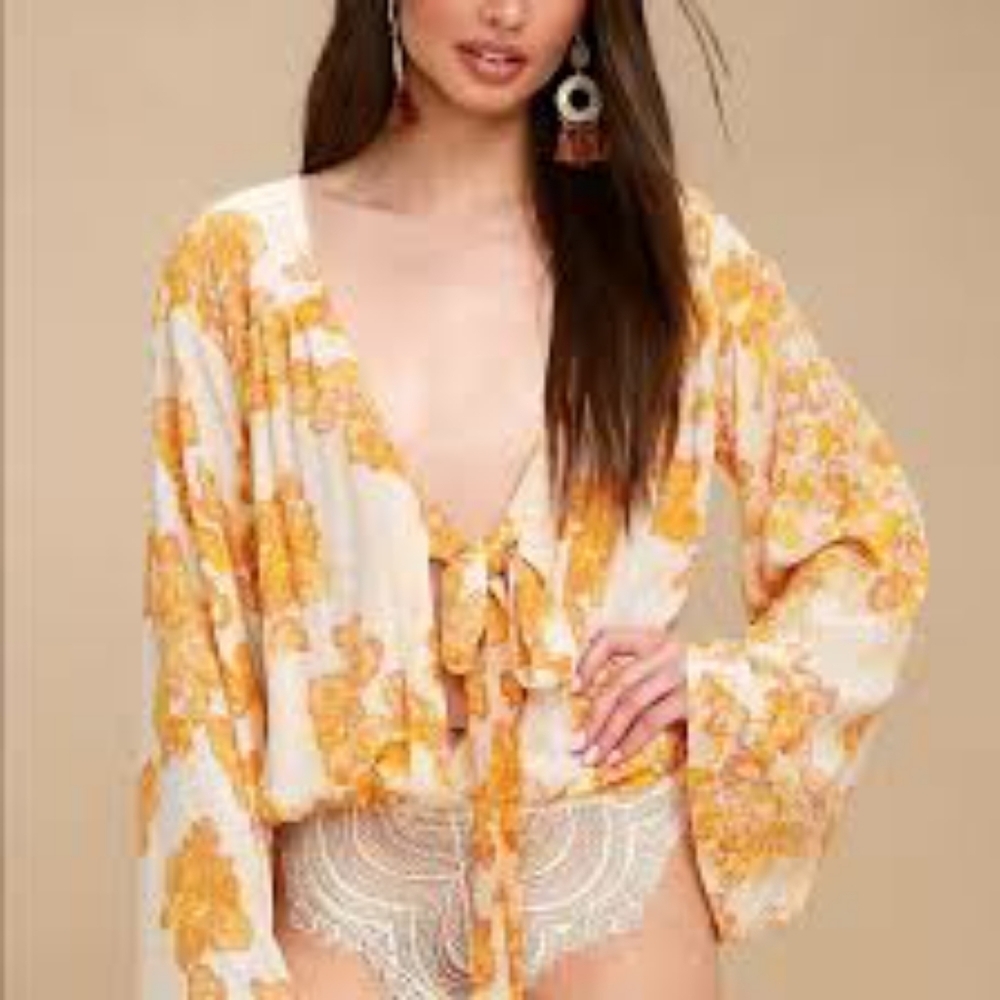 Free People Forties Feels Yellow Ivory Print Bodysuit Size Small